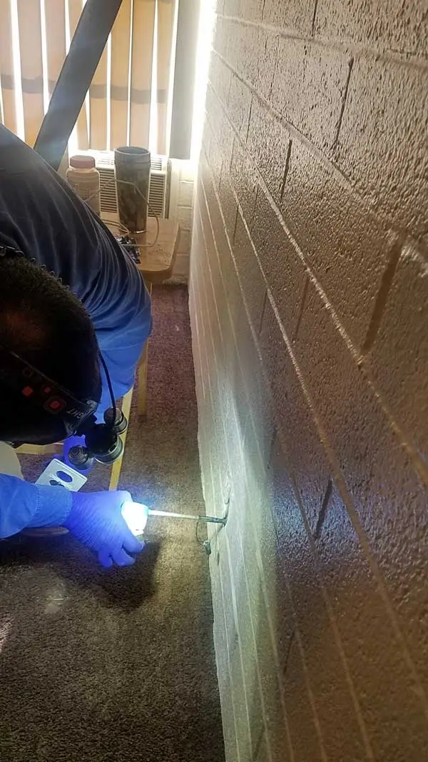 An image showing a person in a blue uniform using a tool to work on or inspect a wall or surface.