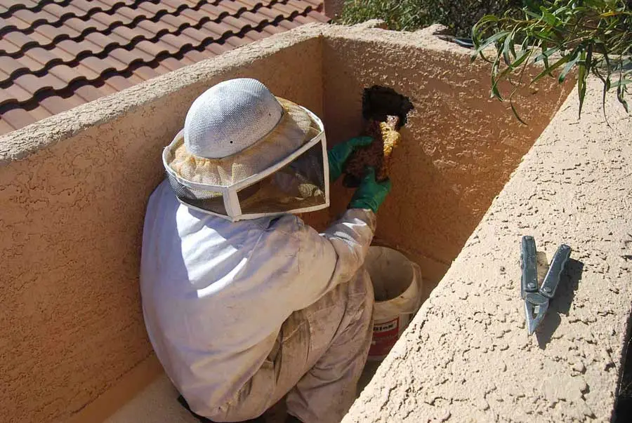 A person wearing a protective suit working on a structure with a tiled roof in an outdoor setting