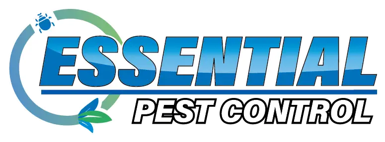 A logo for Essential Pest Control, featuring the company name in large blue text with a green and blue circular design element that appears to represent an insect or pest.