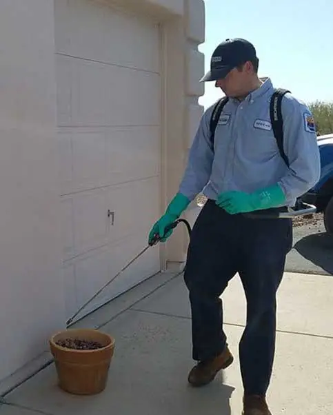 A person in a uniform using a tool to perform maintenance or cleaning on the exterior of a building.
