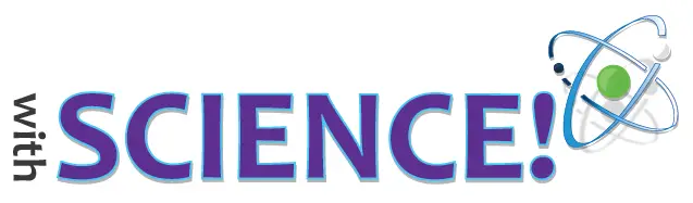 The word 'SCIENCE!' written in large colorful letters with an atom symbol in the background.